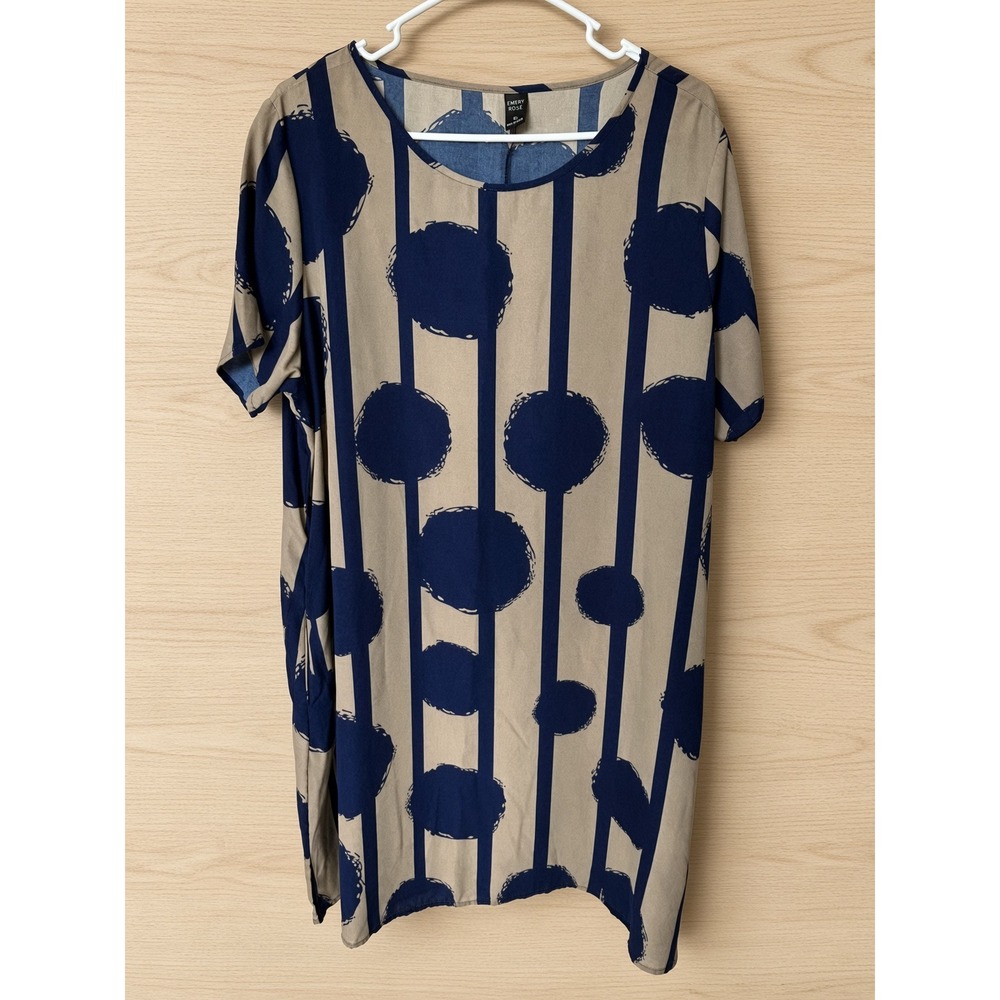 Emery Rose Womens XL Tunic Top Tan Navy Blue Stripe Circle Print Short Sleeve